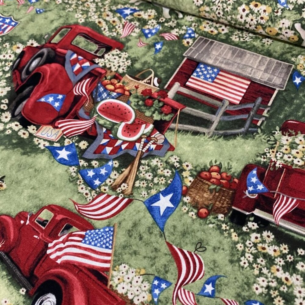 PATRIOTIC PICNIC CP51811 Susan Winget NEW BTY Cotton Fabric Truck Dog Daisy Flag